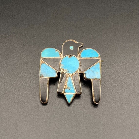 Vintage Zuni Thunderbird Turquoise Silver Brooch … - image 2