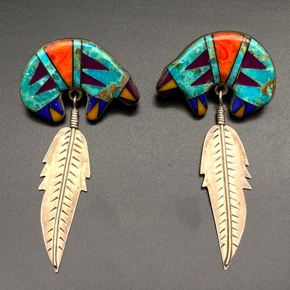Vintage Southwestern Spirit Bear Turquoise Sterling Silver Dangle Earrings