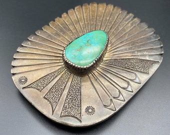 Vintage Navajo David Tune Turquoise Stamped Silver Belt Buckle 1-7/8"