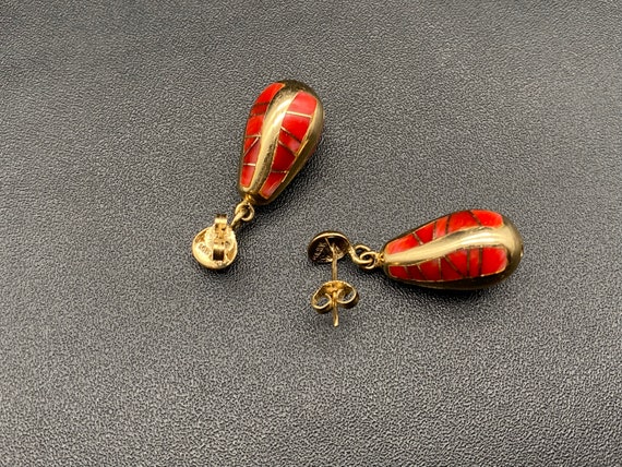 Vintage Zuni Native 14K Gold Coral Inlay Dangle E… - image 5