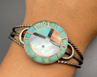Vintage Zuni Kachina Turquoise Coral Hand Stamped Silver Bracelet Cuff 6-1/2"