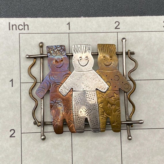 Vintage Roggio Happy People Mixed Metal Sterling Silver Coper Pin Brooch View 3