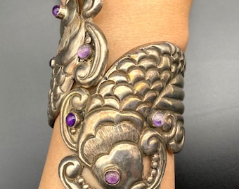 Bracciale vintage in argento sterling con pesce Koi e ametista, 7&quot;