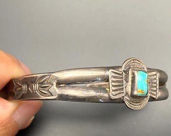 Vintage Navajo Austin Ike Wilson Turquoise Stampwork Silver Bracelet 6-1/2"