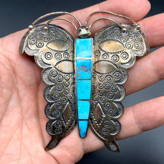 Vintage Federico Jimenez Butterfly Turquoise Stampwork Sterling Silver Brooch