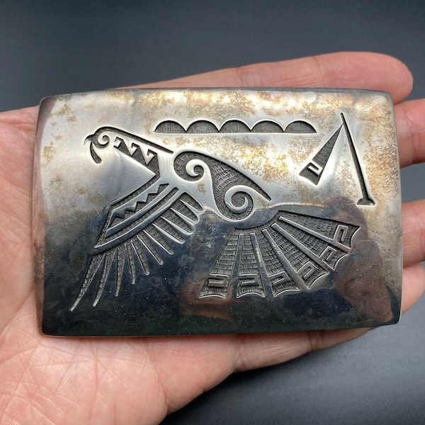 Vintage Hopi Bernard Dawahoya Bird Skyband Silver Belt Buckle 1-7/8"