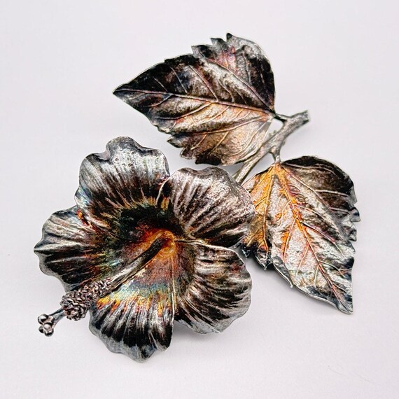 Vintage Hibiscus Flower Sterling Silver Brooch Pin