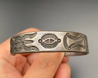 Vintage Navajo Native Hand Stamped Silver Bracelet Cuff 6-3/4"