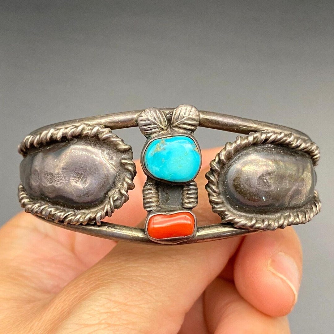 Vintage Navajo Native Turquoise Coral Silver Bracelet Cuff 6-1/2" - Etsy