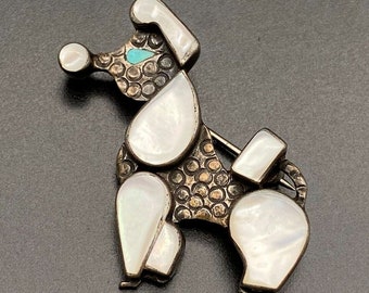 Vintage Zuni Poodle Dog Turquoise MOP Silver Pin Brooch