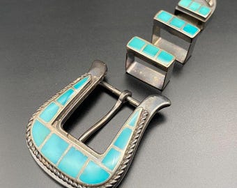 Fivela de cinto vintage Zuni nativa com incrustações de turquesa e prata, tamanho pequeno (5/8").