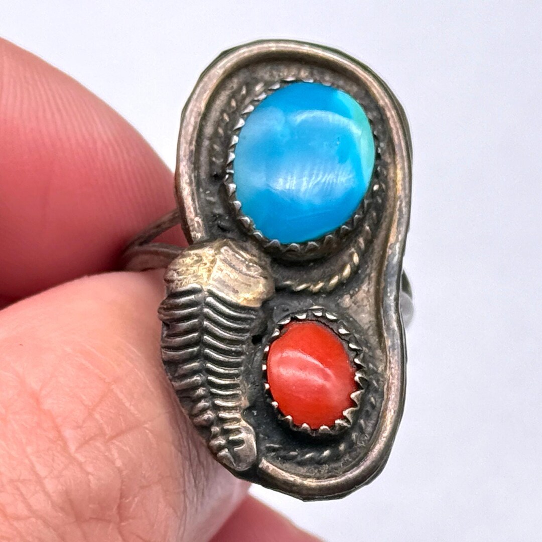 Vintage Navajo Native Turquoise Coral Silver Ring Size 7.75 - Etsy
