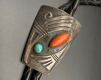 Vintage Hopi Parrot Bird Turquoise Coral Silver Bolo 40"