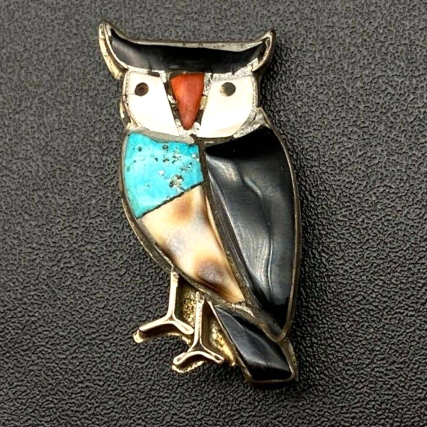 Vintage Zuni Native Owl Coral Turquoise MOP Shell Inlay Silver Pin Brooch