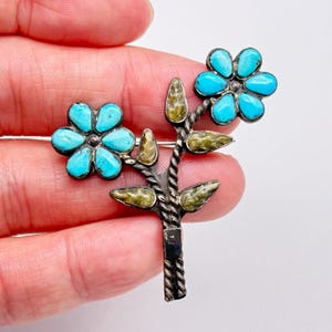 Vintage Zuni Native Blume Türkis Serpentin Silber Pin Brosche