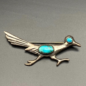 Vintage Alberto Contreras Turquoise Roadrunner Sandcast Sterling Silver Brooch