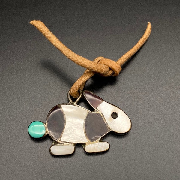 Vintage Zuni Native Rabbit Hare Turquoise MOP Silver Pendant