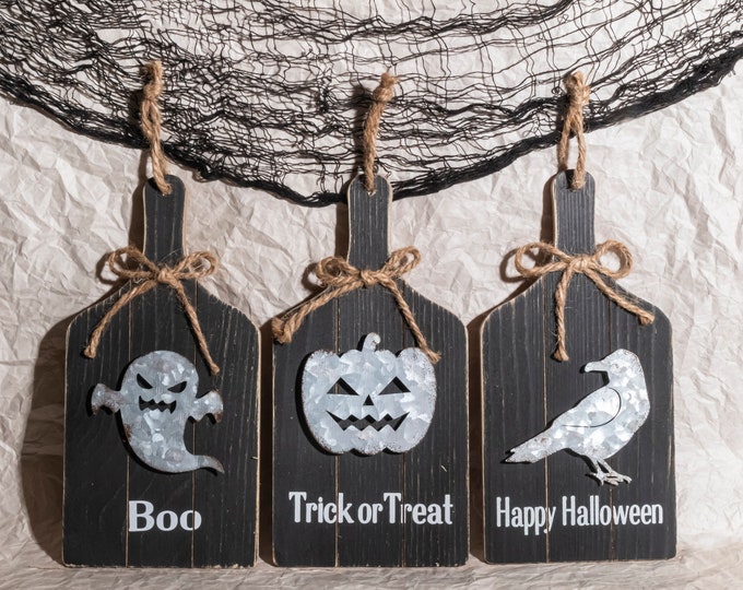 Set of 3 Wood, Metal Halloween Hanging Decor | Ghost, Pumpkin, Raven, Twine, Cutting Board Decoration | Halloween Decor, Fall, Autumn, Gift