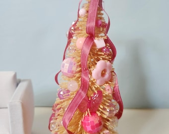 6" Peach Bottle Brush Christmas Tree – Midcentury Dollhouse Decor (1:12 Scale)