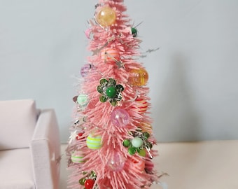 6" Pink Bottle Brush Christmas Tree – Midcentury Dollhouse Decor (1:12 Scale)