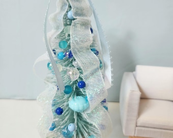6" Blue Bottle Brush Christmas Tree – Iridescent Ribbon, Beads (1:12 Scale)