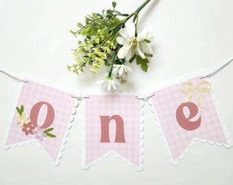 Striscione per il primo compleanno di Silly Goose: decorazione per seggiolone a quadretti rosa