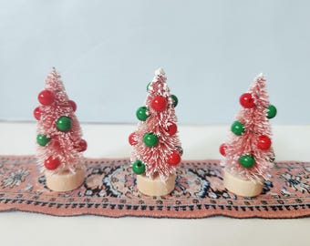 2" Pink Miniature Bottle Brush Christmas Tree – Hand-Decorated Dollhouse Village
