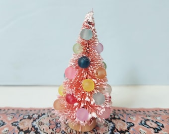 2" Pink Miniature Bottle Brush Christmas Tree – Hand-Decorated Dollhouse Village