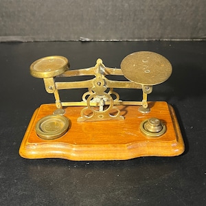 Antique Postage Mail Scale Brass and Wood with 3 Weights