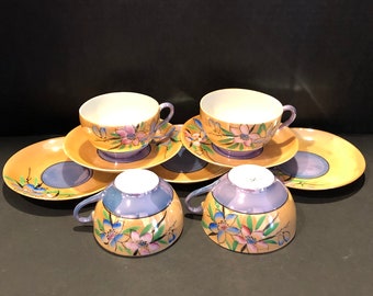 Lusterware Purple and Peach Tea Cups and Saucers Blue and Pink Florals Hand Painted Japan