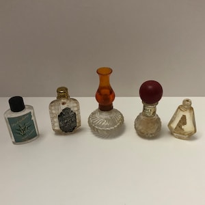 Vintage Empty Perfume Bottles Lot of 5 1960s American Girl Spice by Lander Lily of the Valley Toilet Water Hurricane Lamp