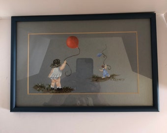 Original Painting Children with Balloon and Kite