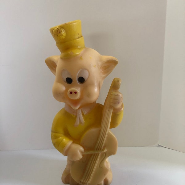 1950's Rubber Squeaky Toy Yellow Pig Playing a Bass