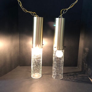 MCM Hollywood Regency Style Pendant Swag Light Brass and Clear Crackle Glass