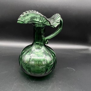 Mid Century Modern Ruffled Green Handblown Glass Pitcher Optic Ribbed Pattern