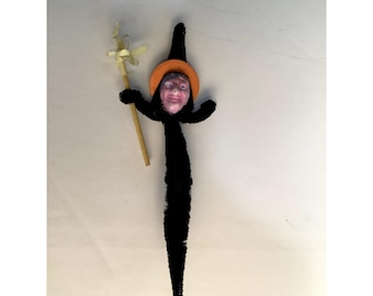 Vintage Chenille Clay Faced Witch 1950's Made in Japan Party Favorites Ornaments