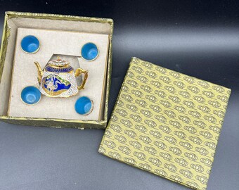Miniature Cloisonne Metal Enamel Tea Set with Cranes