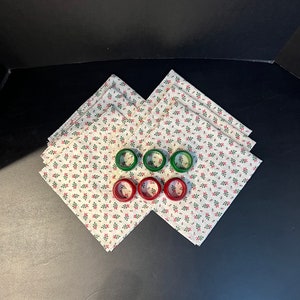 Handmade Cloth Christmas Napkins with Red and Green Wooden Napkin Rings
