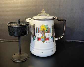 Georges Briard Retro MCM Coffee Percolator White Enamel with Vegetable Design Gold Accents