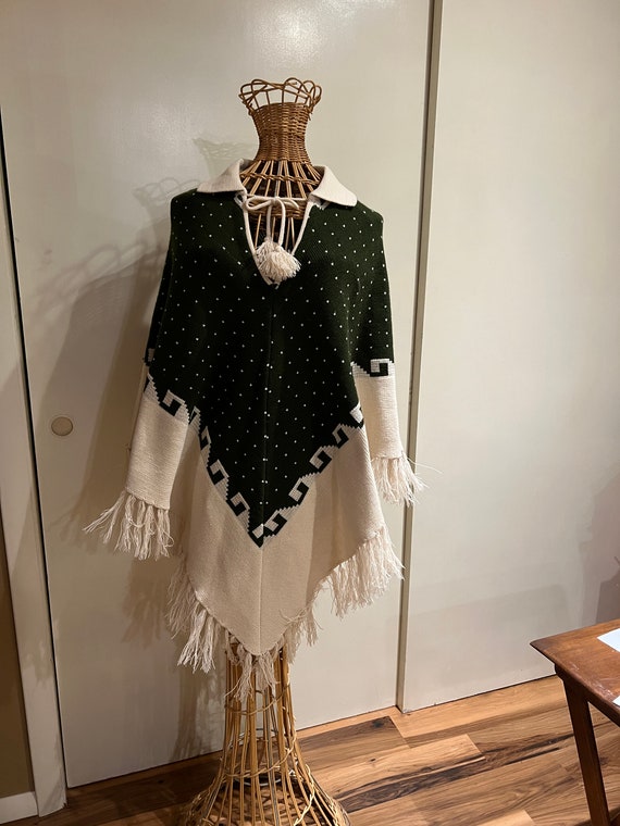 Poncho with Fringe and Pom Pom Ties Green and Off 