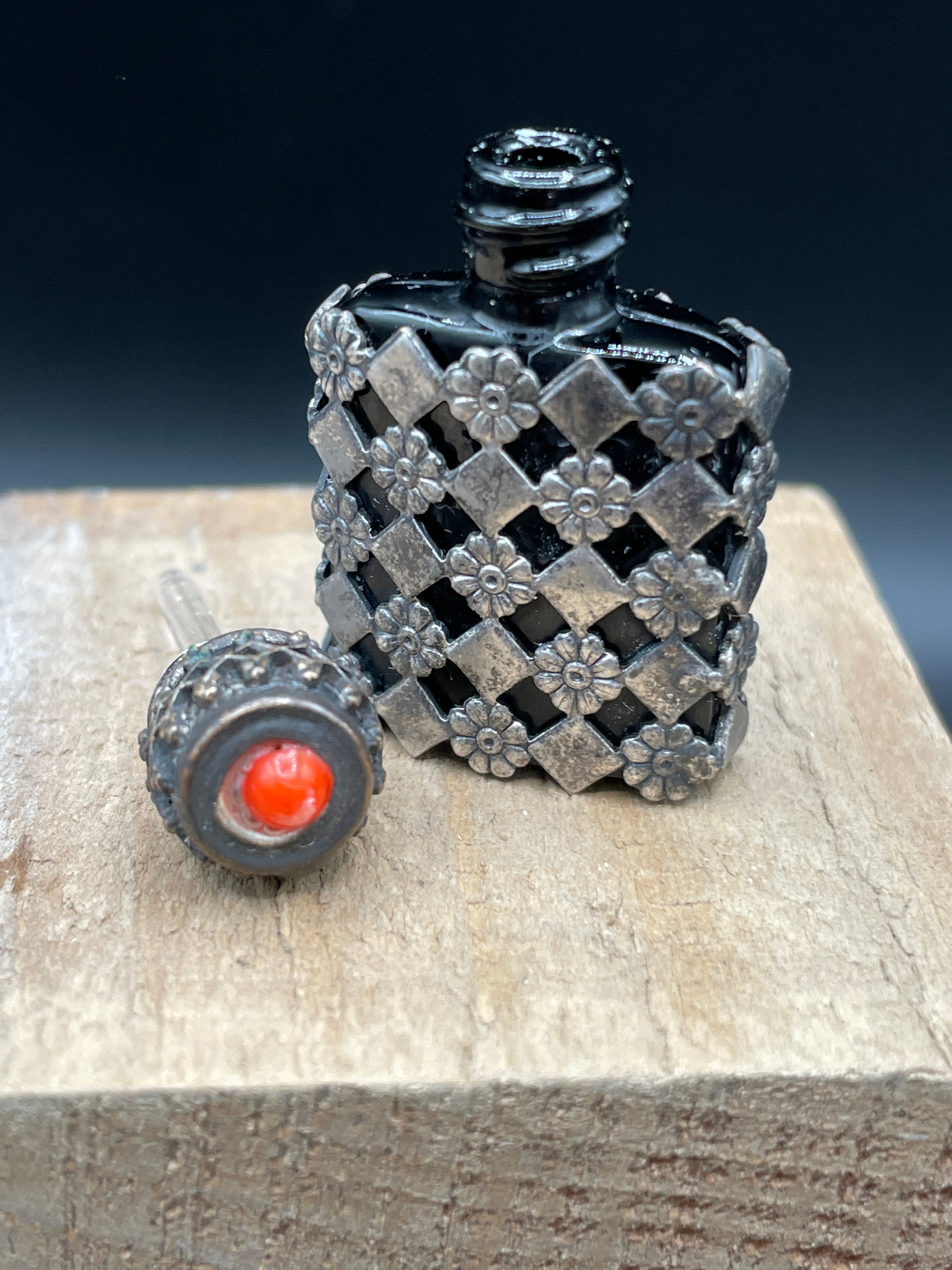 Vintage French Black Amethyst Perfume Bottle Encased in Sterling