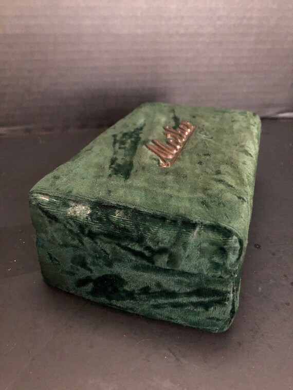 Unusual Green Velvet Jewelry Box with Written Brass "… Gem
