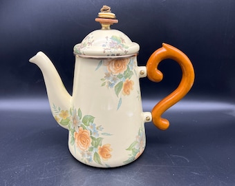Original Victoria and Richard MacKenzie Childs Yellow Enamel Teapot Coffee with Yellow Roses