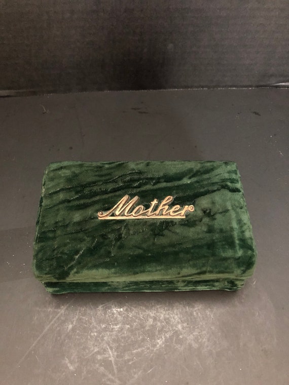 Unusual Green Velvet Jewelry Box with Written Brass "… Gem