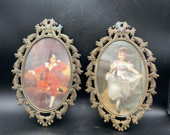 Vintage Victorian Brass Picture of Boy and Girl Made in Italy FR2 BIS