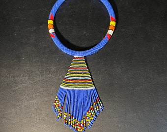 Beautiful African Art Chocker Necklace with Dangling Bead Fringe