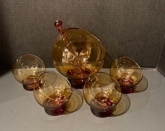 Vintage MCM Unusual Odd Cocktail Set Amber Glass Martini Mixer and 4 Glasses Bias or Tilt Bowl Design