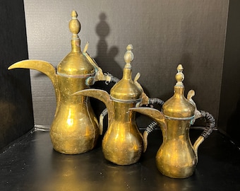 Vintage Islamic Iraq Solid Brass Dallah Coffee Pot Arabic Middle Eastern Set of 3 Artist Signed