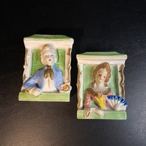 Victorian Couple Sitting in a Window Wall Pocket Occupied Japan Bisque image 1