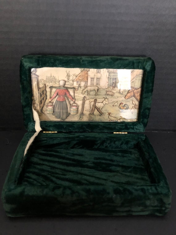 Unusual Green Velvet Jewelry Box with Written Brass "… Gem
